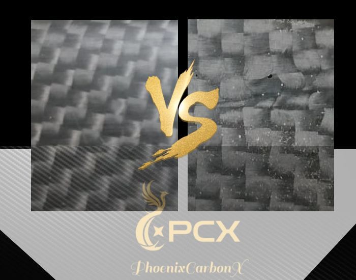Comparison showing even vs uneven carbon fiber weave patterns