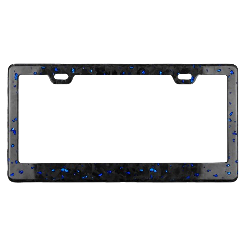 blue forged finish vehicle plate surround installed on sports car